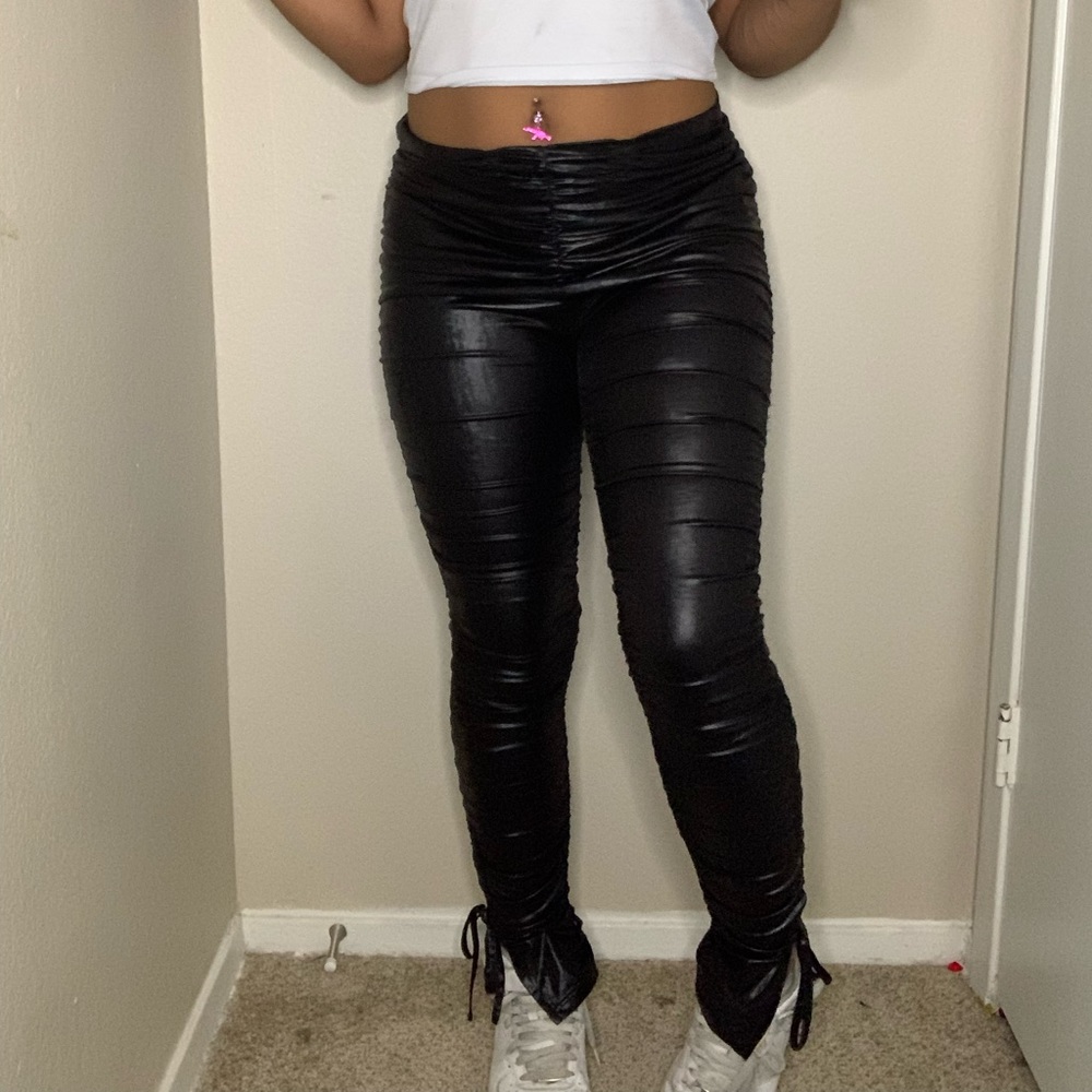 Ruched black leather pants